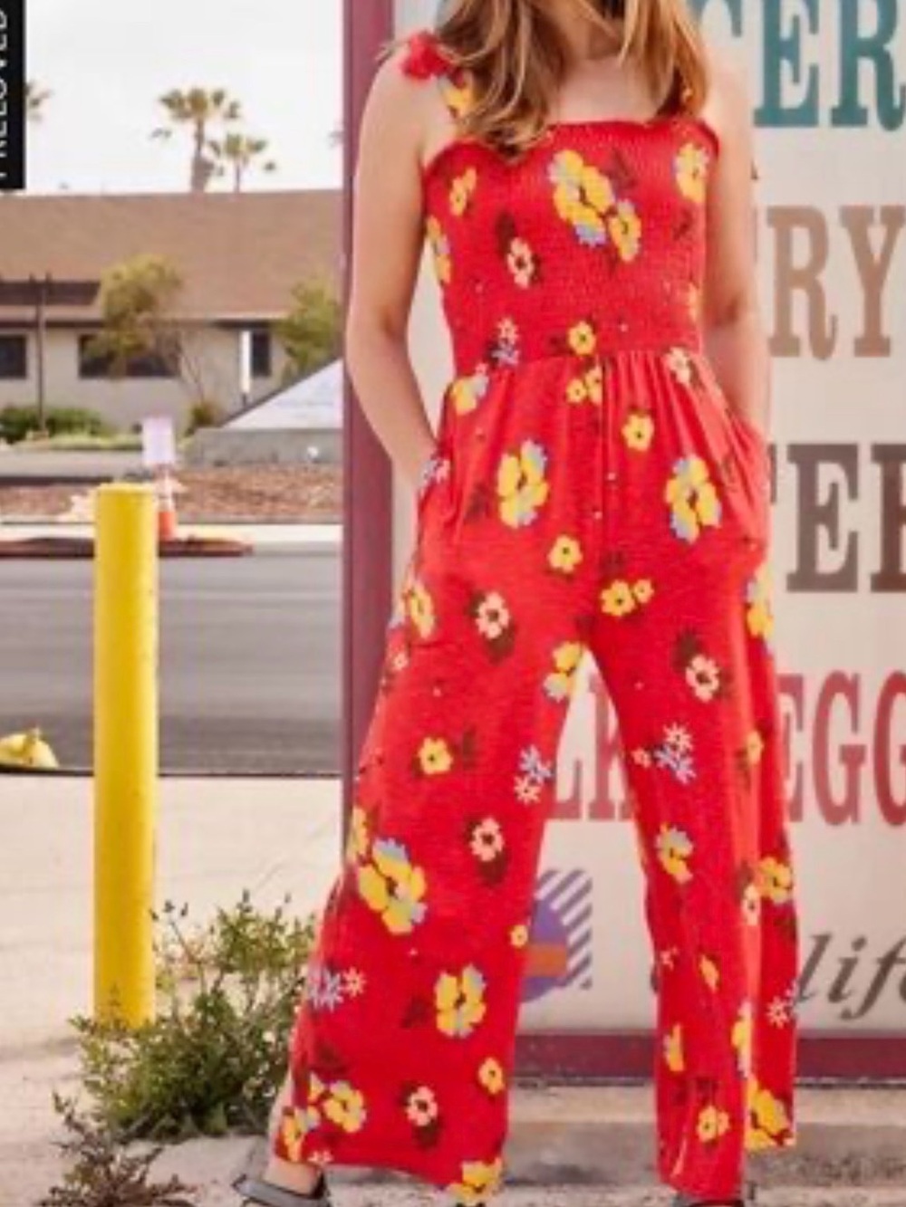 Toad&Co Gemina Red Wide-Leg Smocked Jumpsuit Vibrant Yellow & Blue Floral Print